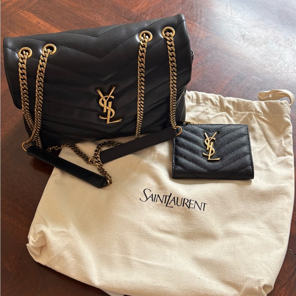YSL 💎Black Chevron Shoulder Bag & matching card holder & dusty - Picture 2 of 2